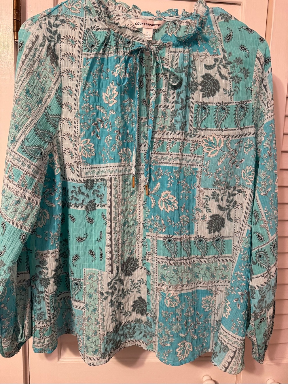 Counterparts Aqua and White Paisley Tie-Front Top